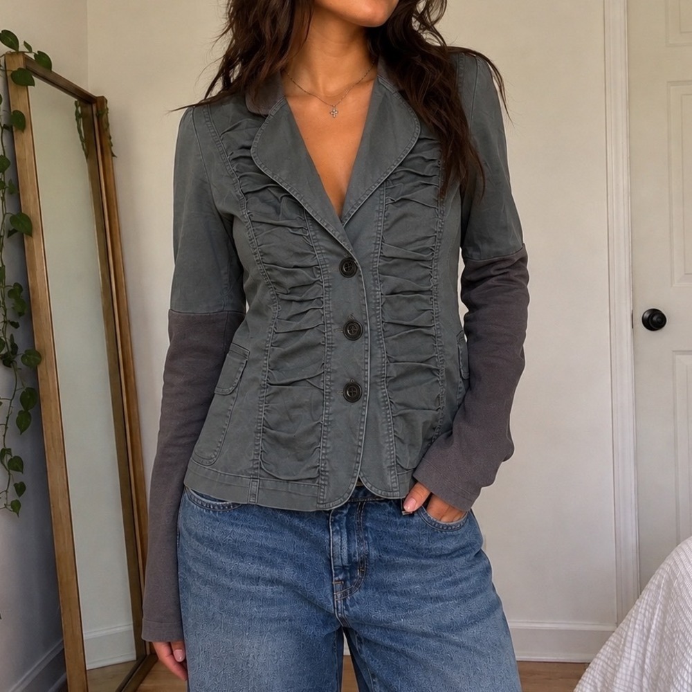 XCVI Ruffled Knit Contrast Utility Blazer Jacket Medium military indie grunge